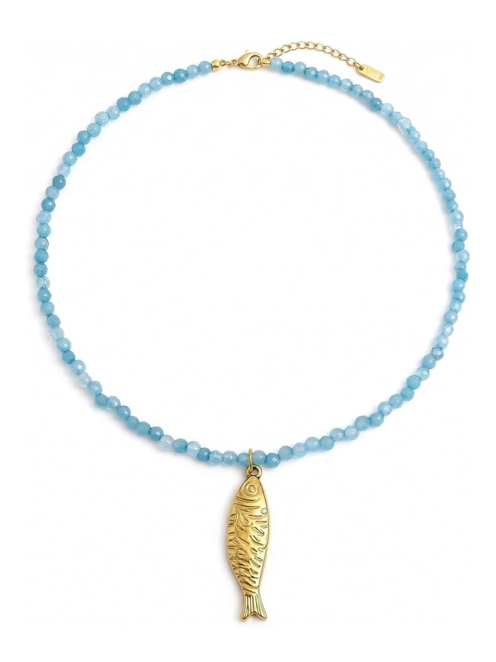 Blue Bead Necklace with Gold Fish Charm